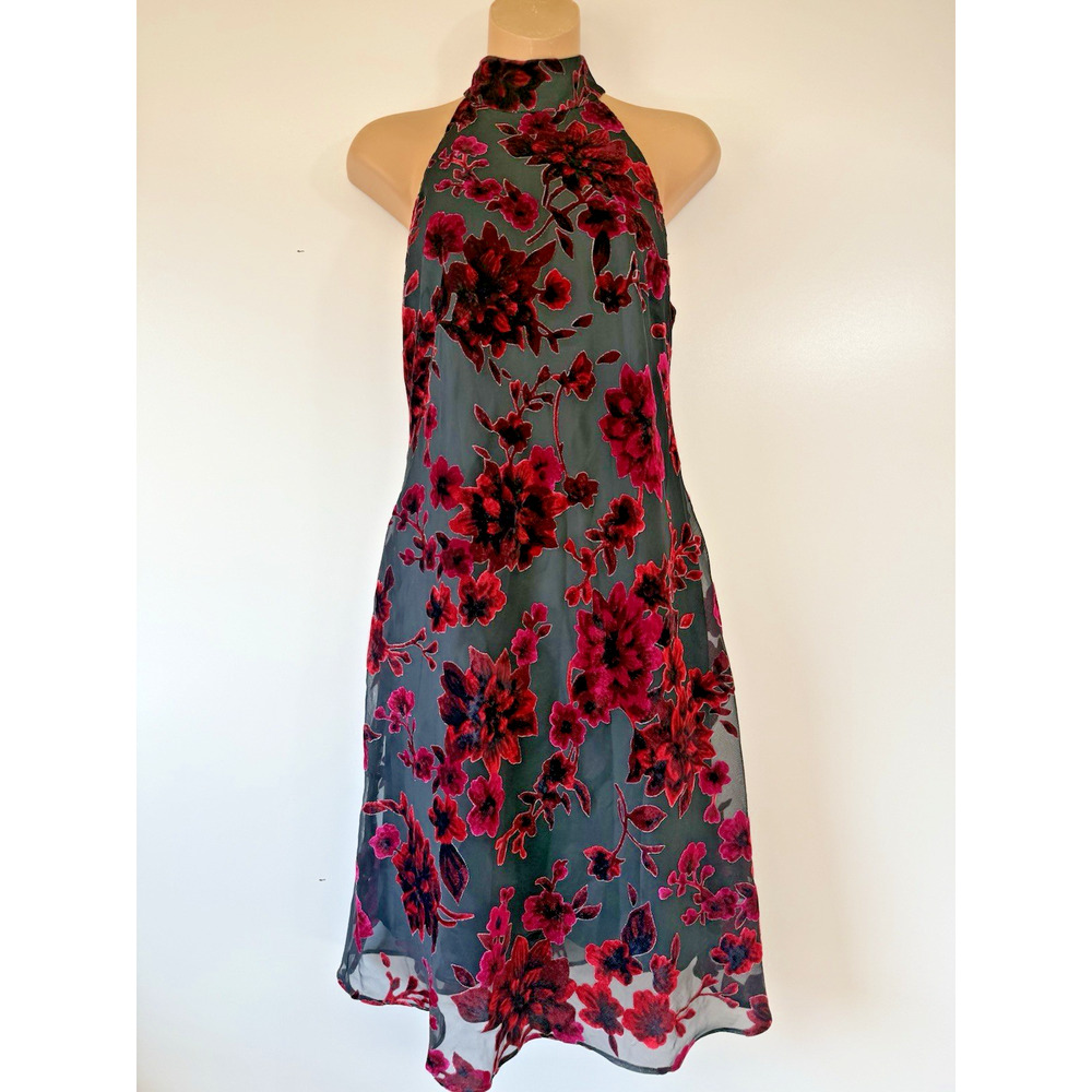 Evan Picone Velvet Burnout Floral Halter Dress Womens 10P Dark Fairy Whimsygoth